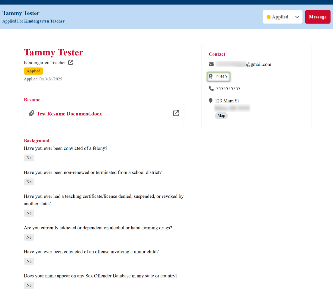 Image of the applicant's information with the Mississippi Educator License ID Number highlighted, Picture