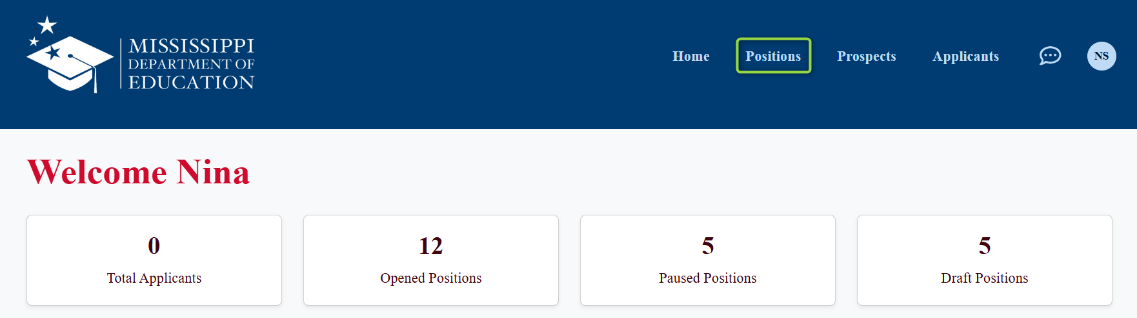 Image of top of welcome screen with Positions link highlighted, Picture