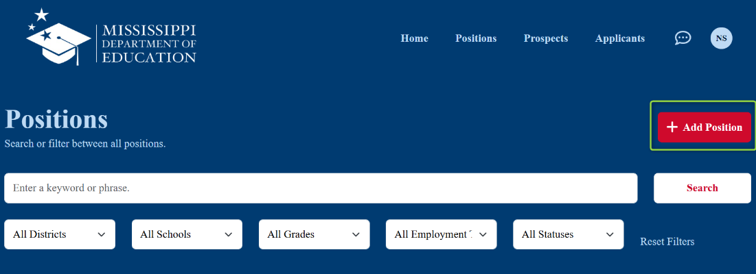 Image of top of the positions screen with the Add Position button highlighted, Picture