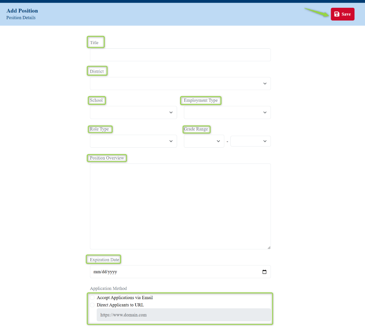 Image of the Add Position screen with each of the components highlighted, Picture