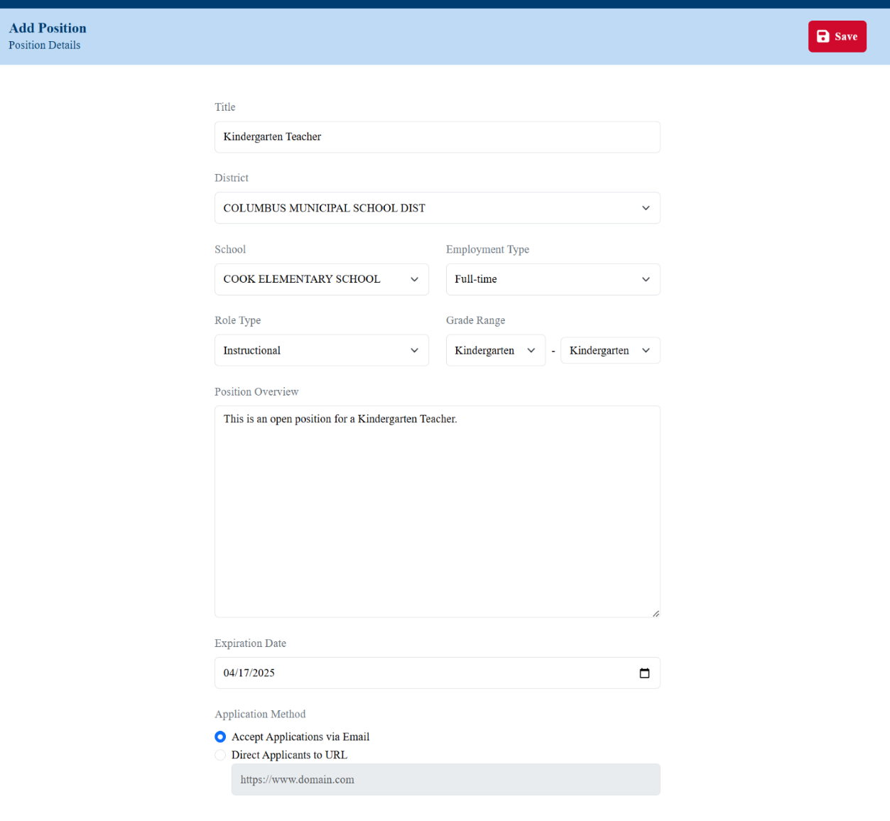 Image of the new position with information filled in each of the position fields, Picture