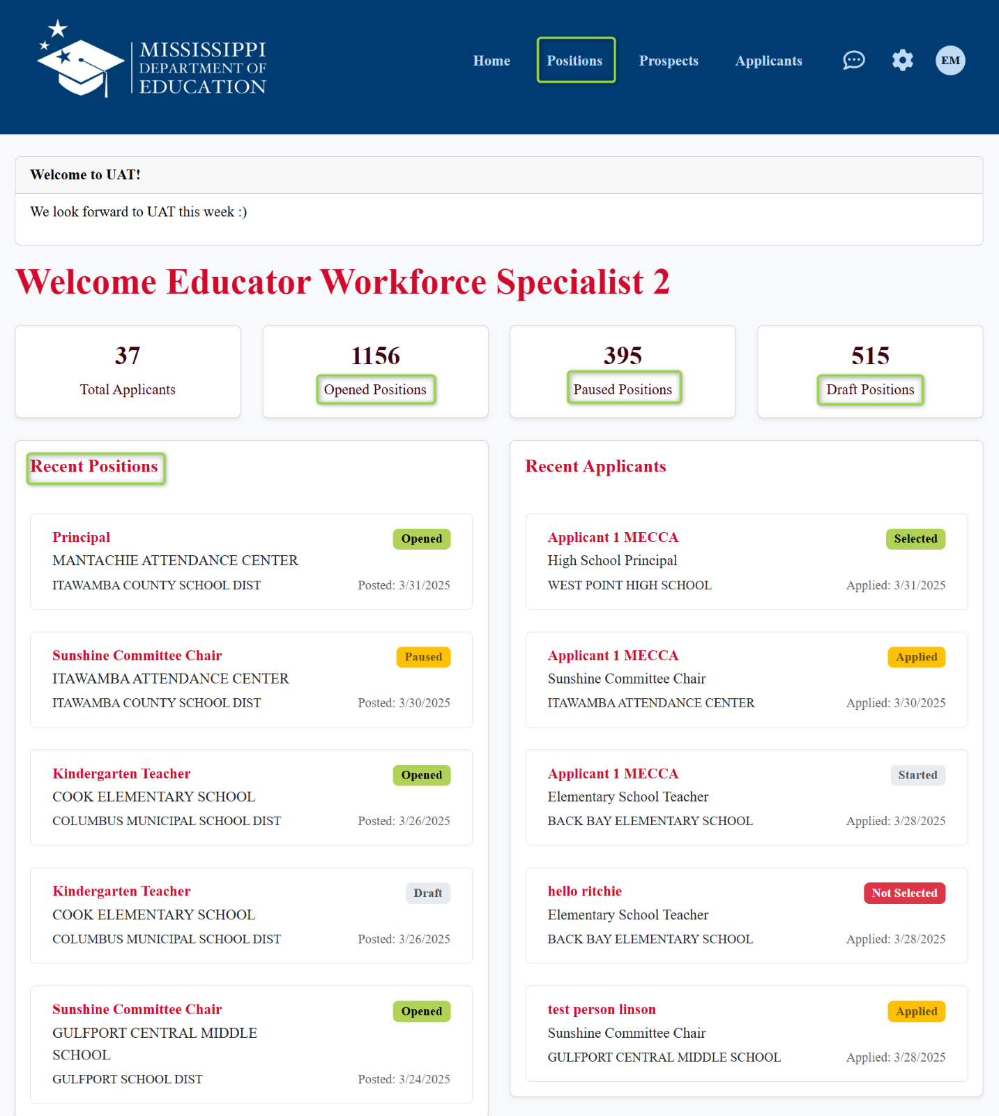 Image of welcome screen with recent positions, opened positions, paused positions, draft positions, and overall positions links highlighted., Picture