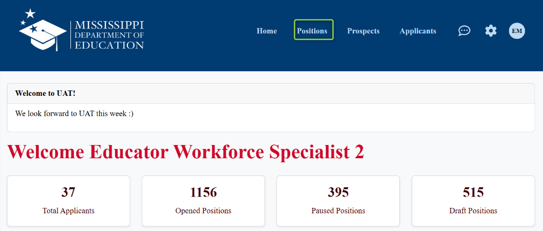 Image of top of welcome screen with Positions link highlighted, Picture