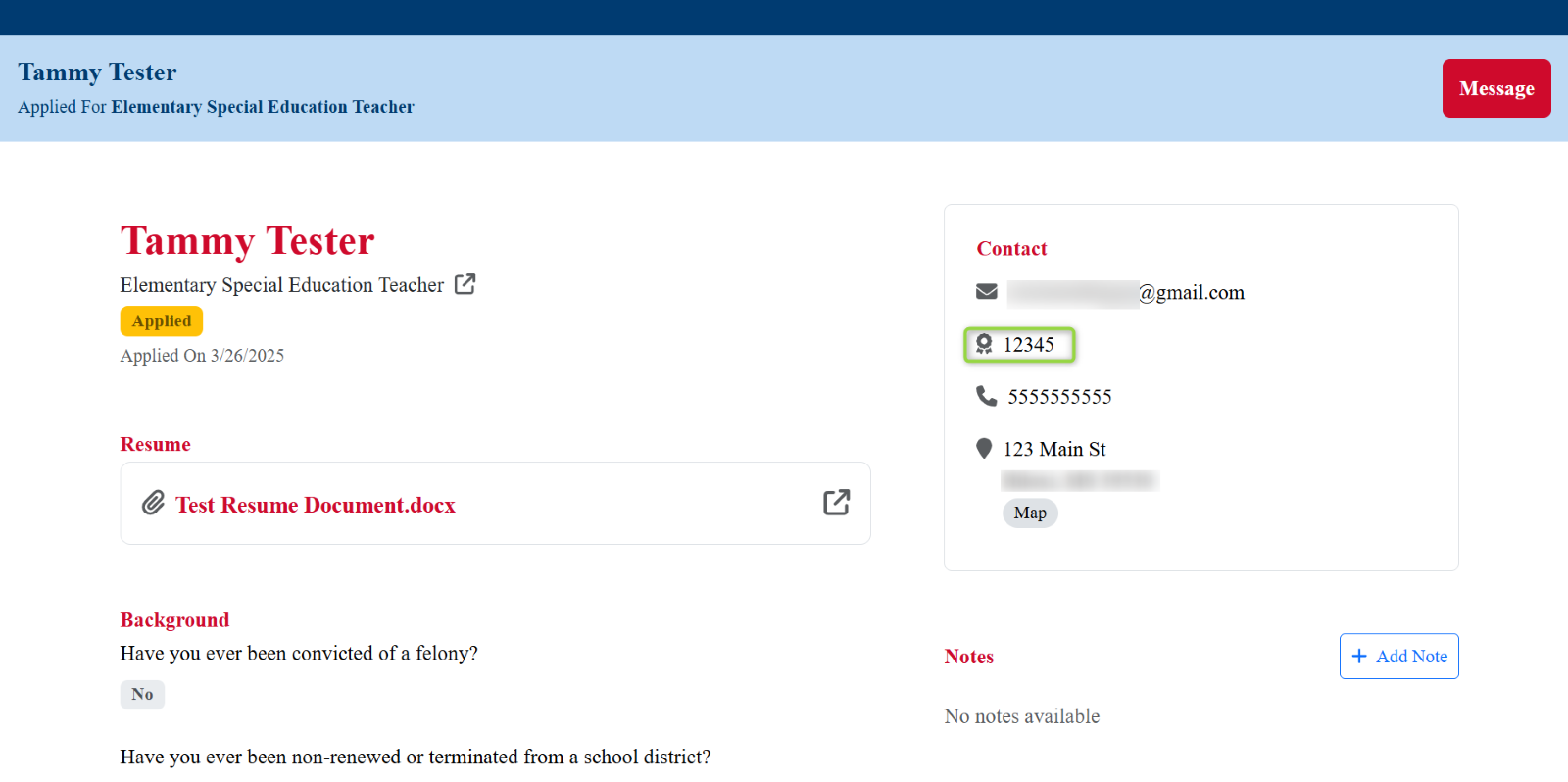 Image of the applicant's information with the Mississippi Educator License ID Number highlighted, Picture