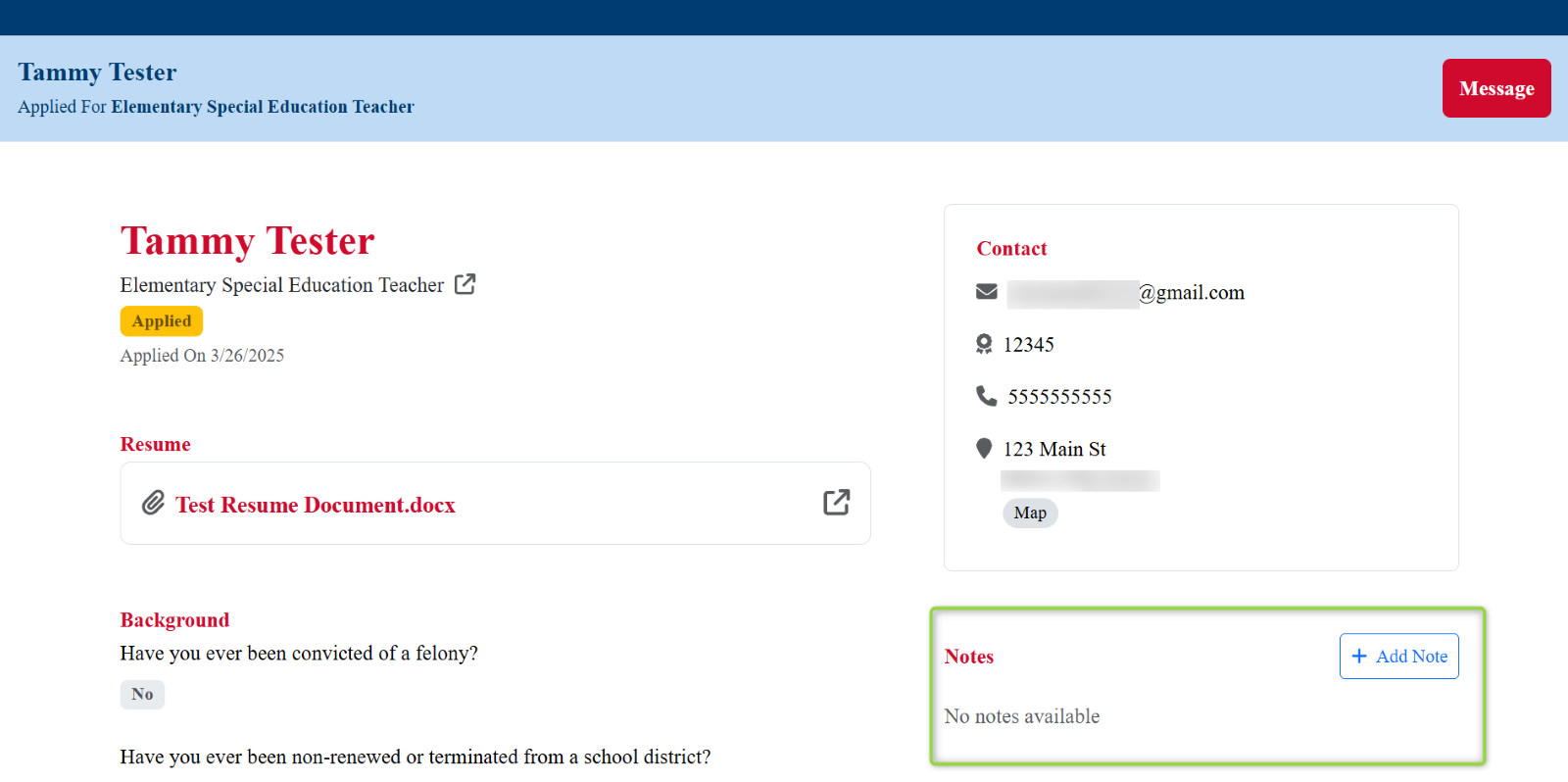 Image of the applicant's information with the Add Note button highlighted, Picture