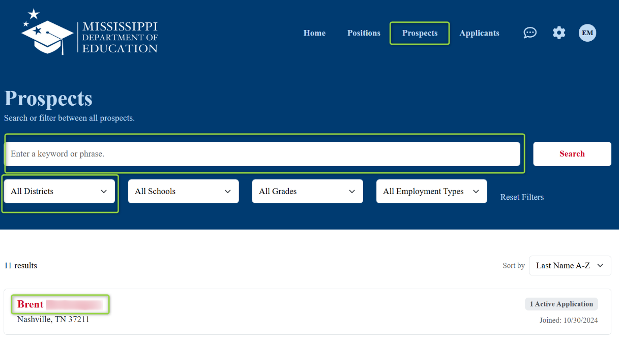 Image showing navigation to the Prospects section of the site and highlighting the search filters available to return results. Imange shows to click on name to open a record. , Picture