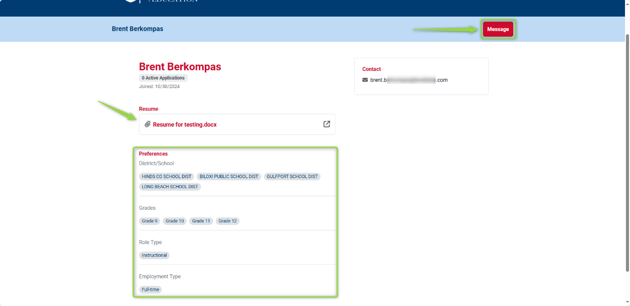 Image showing the profile details of a prospect once opened. The Message button is also highlighted. , Picture