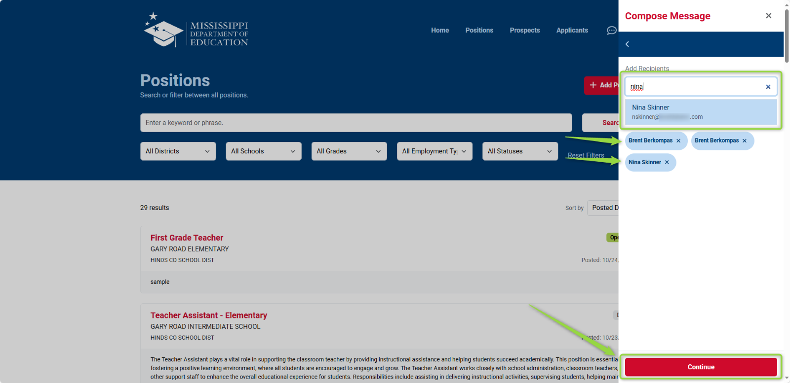 This image shows how to search and add recipients to a message before clicking continue., Picture