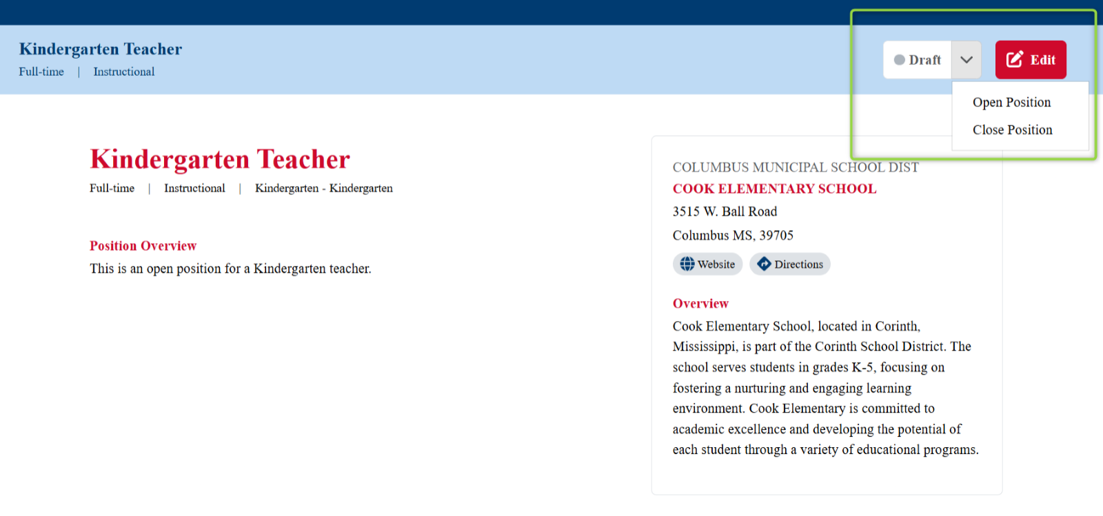 Image of the draft position with the status button highlighted.  Status button shows a dropdown with the choice of Open Position or Close Position, Picture