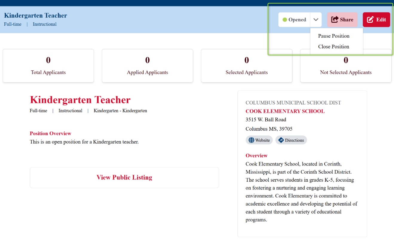 Image of the opened position with the status button highlighted.  Status button shows a dropdown with the choice of Pause Position or Close Position, Picture
