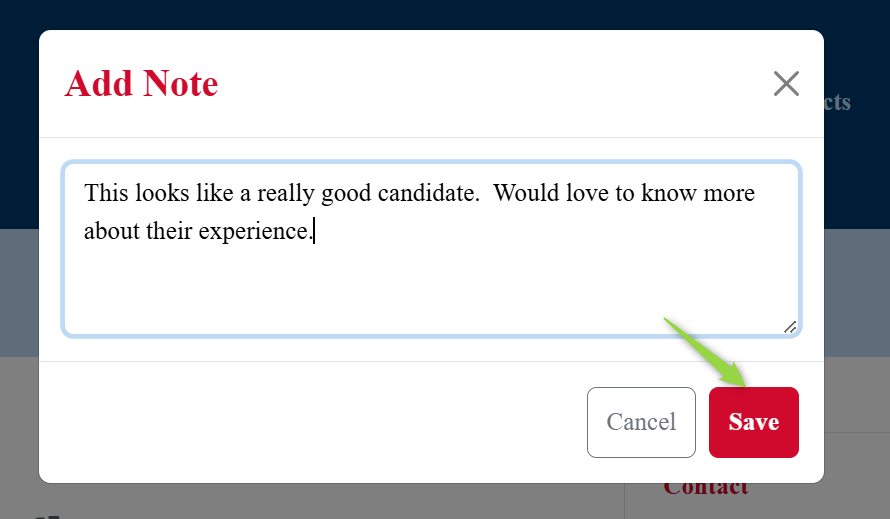 Image of Add Note box with Save button highlighted, Picture