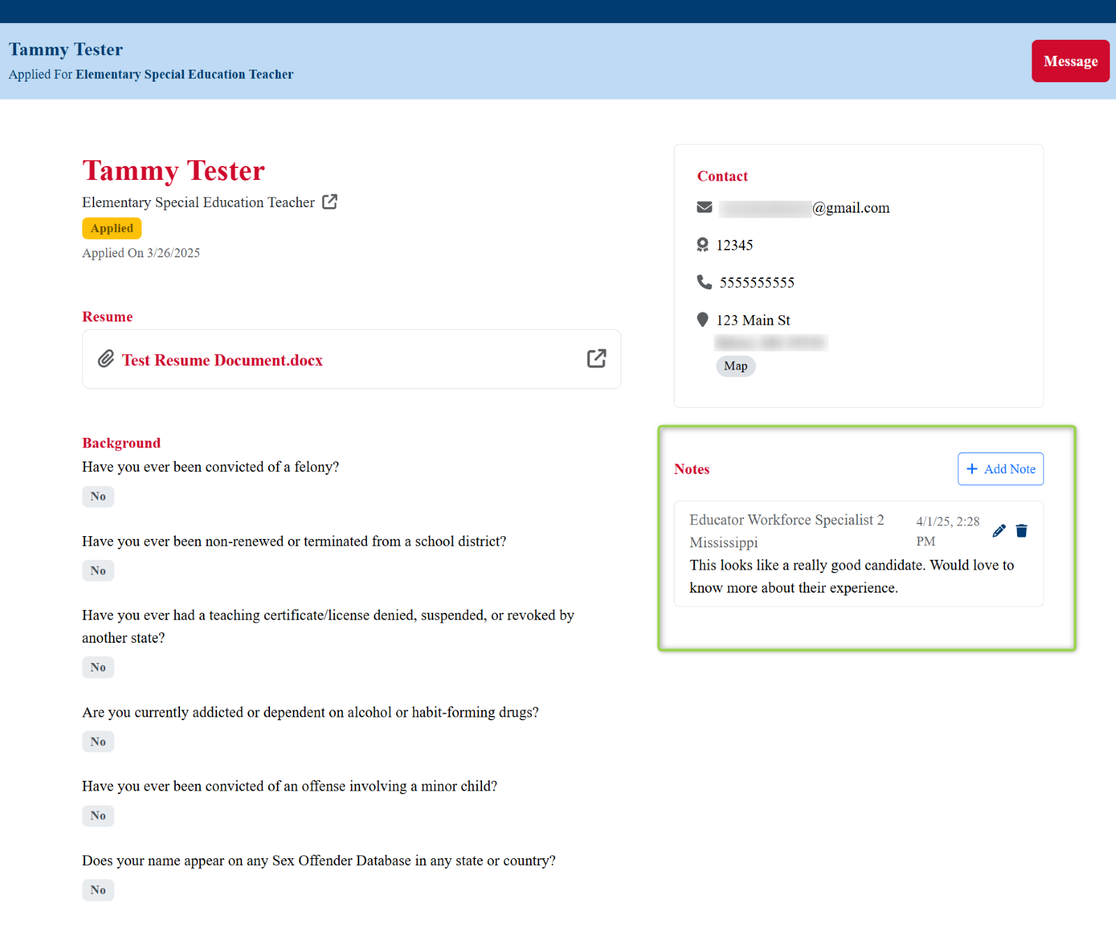 Image of the applicant's information with the newly added note highlighted, Picture