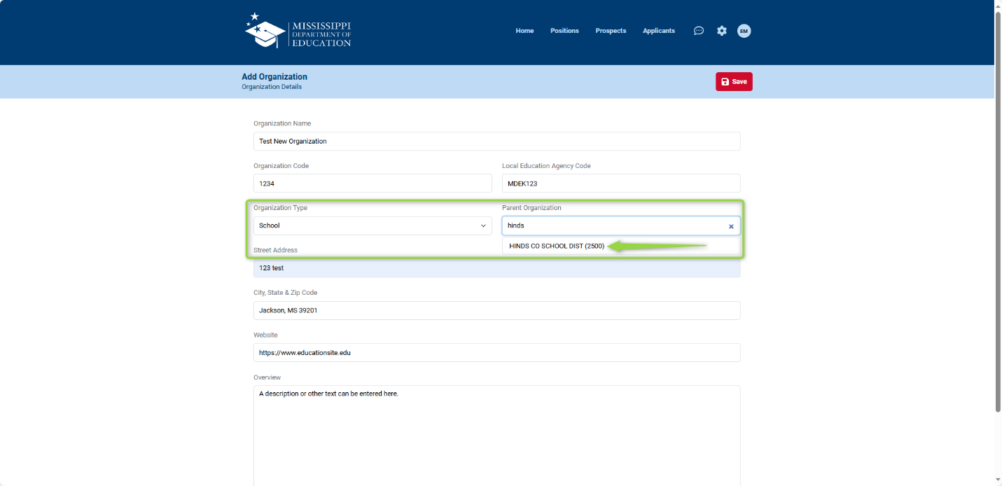 Image that shows the new organization form to complete before saving, Picture