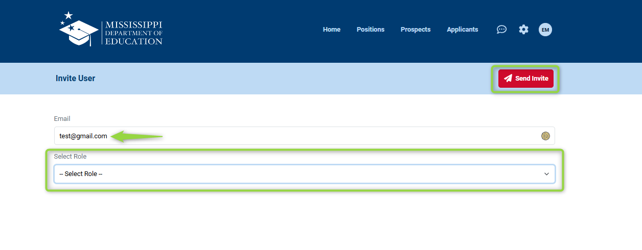 Image showing the new user Invite form to complete before clicking Send Invite., Picture
