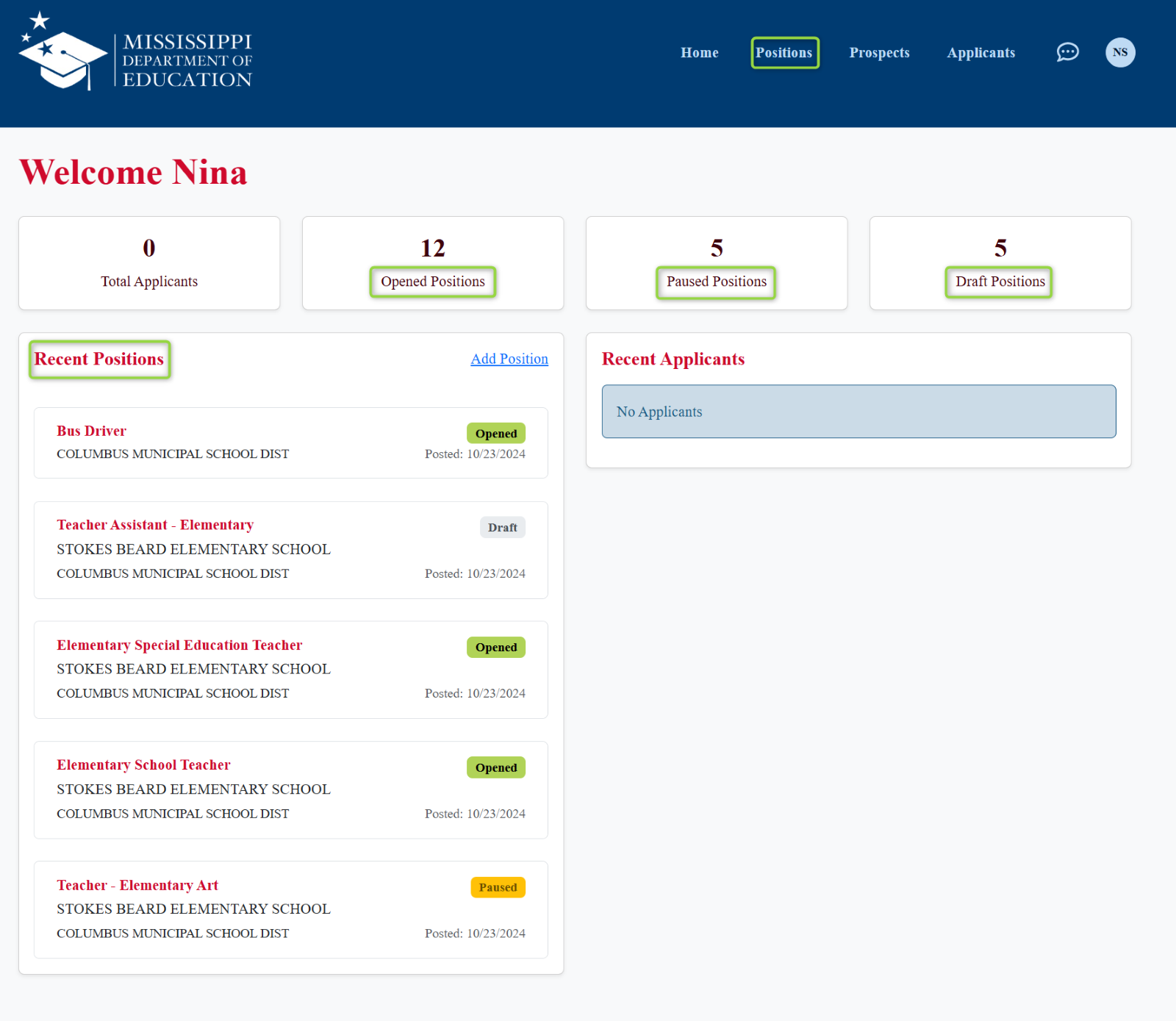 Image of welcome screen with recent positions, opened positions, paused positions, draft positions, and overall positions links highlighted., Picture