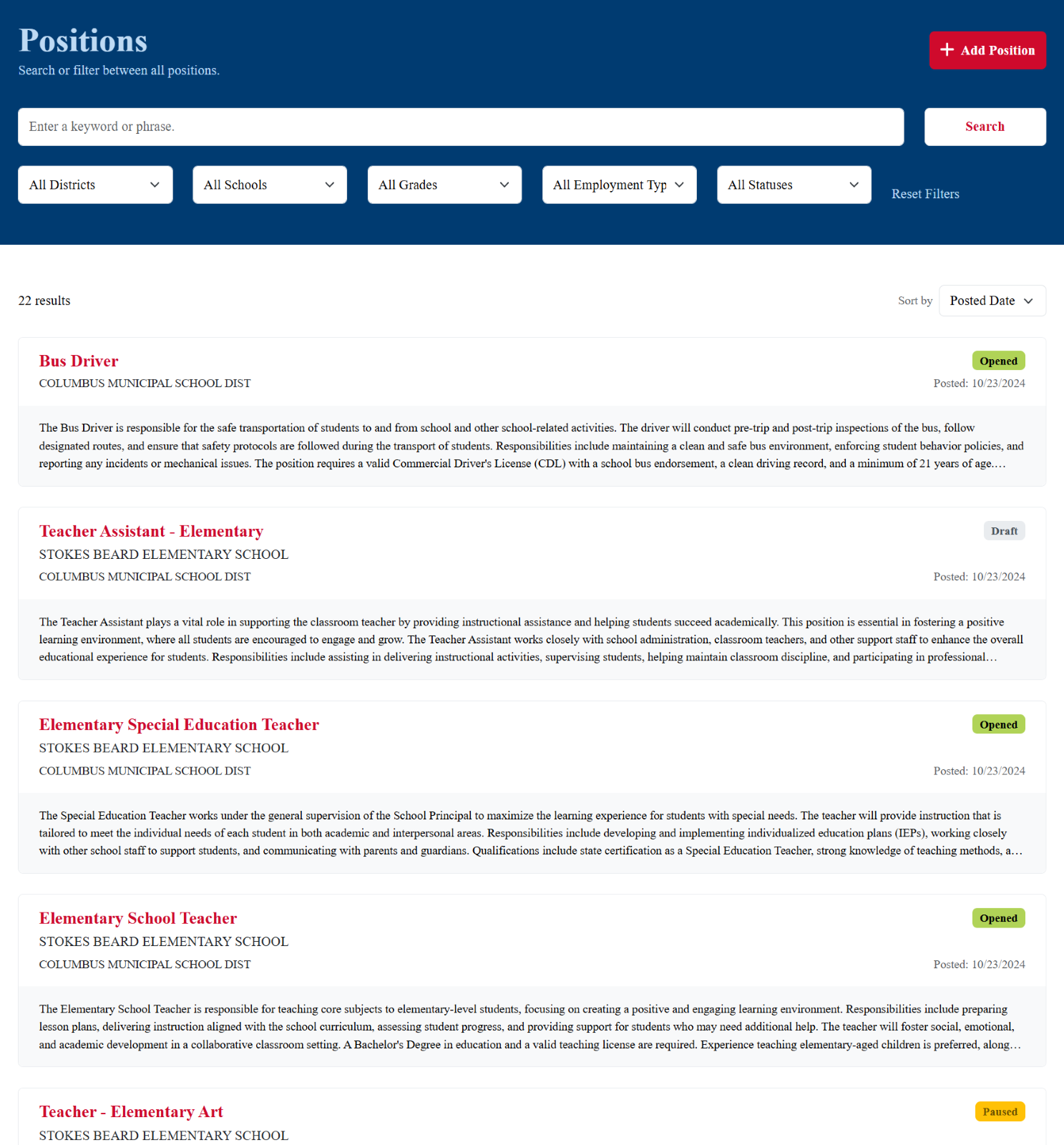 Image of the positions screen that shows all of the existing positions for the district, Picture
