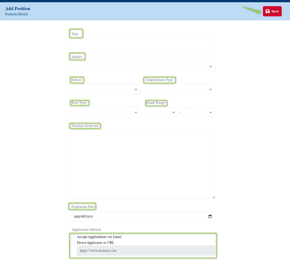 Image of the Add Position screen with each of the components highlighted, Picture