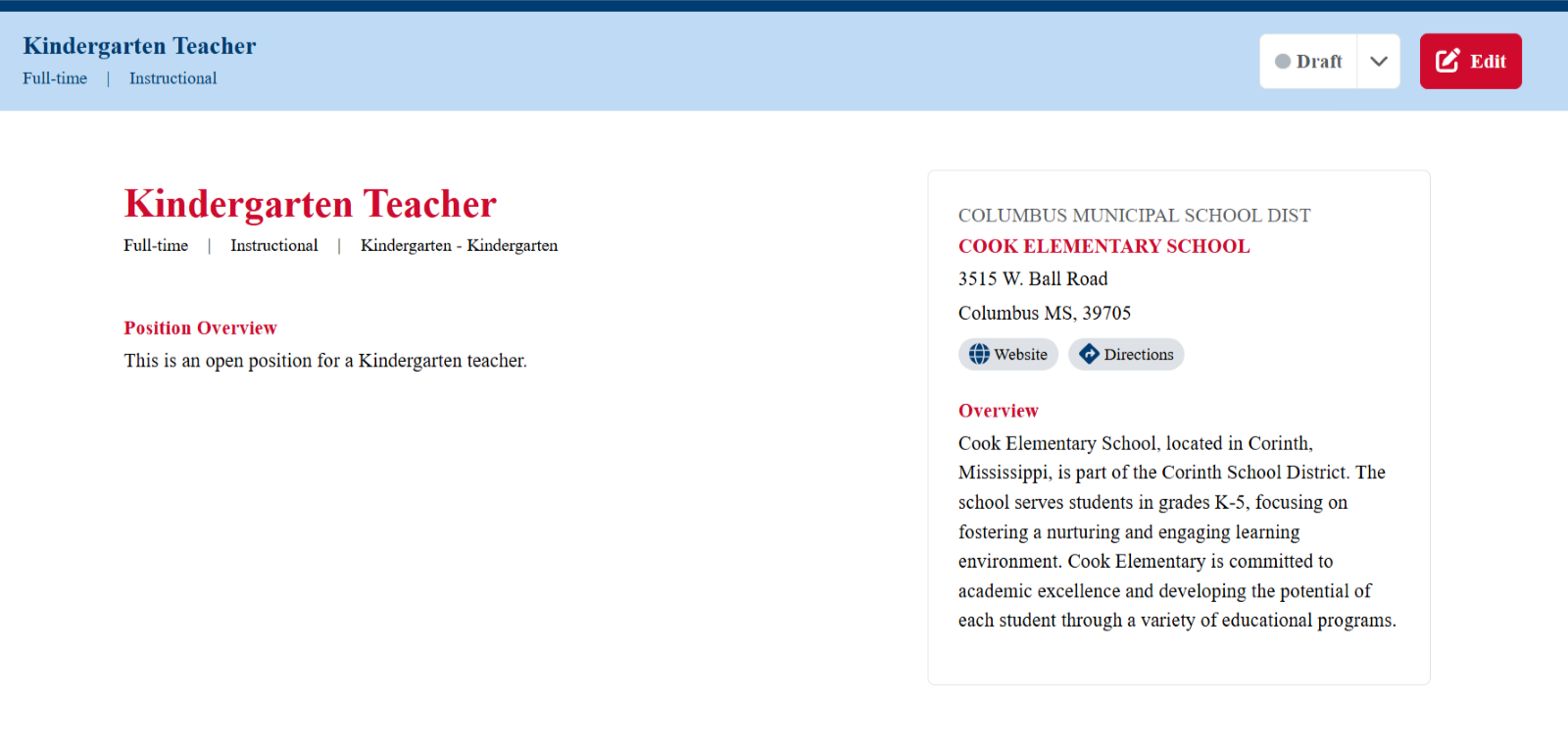 Image of the newly created position in draft mode, Picture