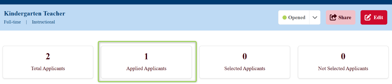Image of the open position with the section for applied applicants highlighted, Picture