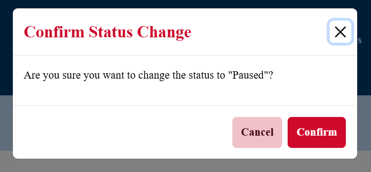 Image of the confirmation box for the updating of the status, Picture
