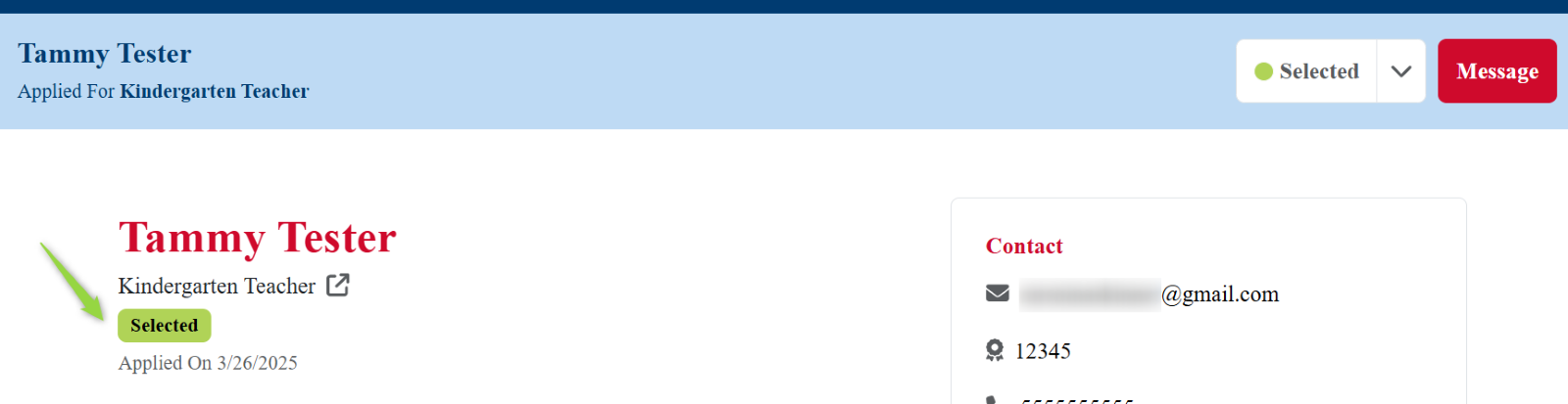 Image showing that the application status has been changed to Selected, Picture