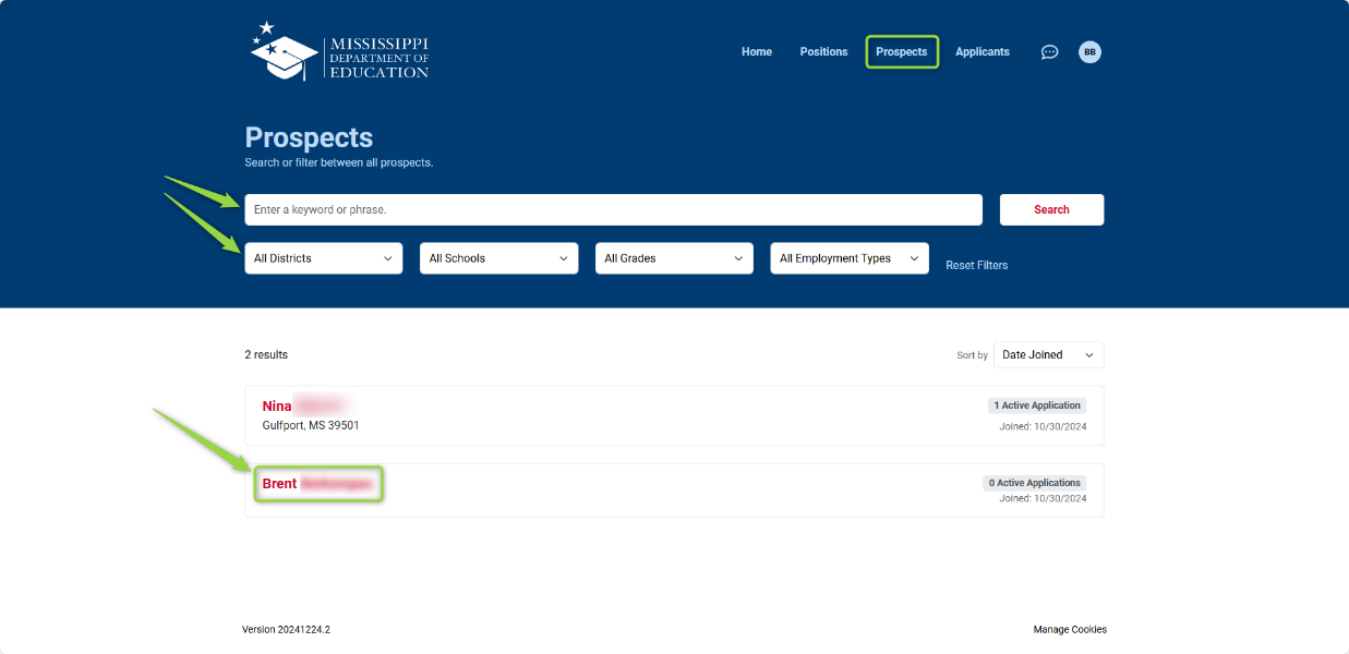 Image showing navigation to the Prospects section of the site and highlighting the search filters available to return results. Imange shows to click on name to open a record. , Picture