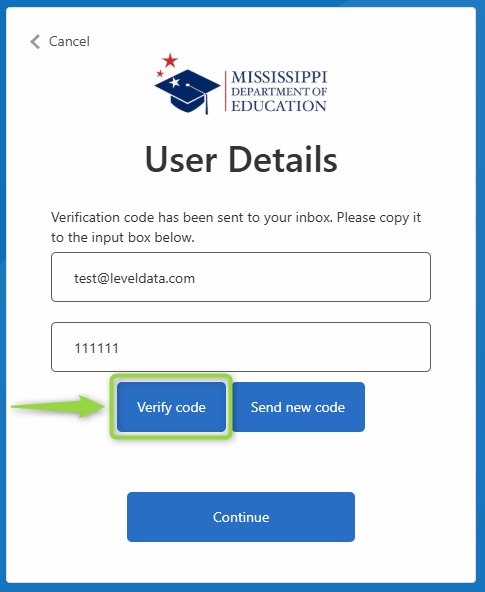 Image showing the verify email/code screen and highlighting the Verify code button., Picture