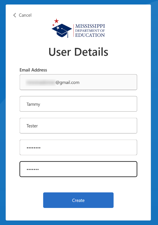 User Details area where users enter in their email address, first name, last name, and create a password, Picture