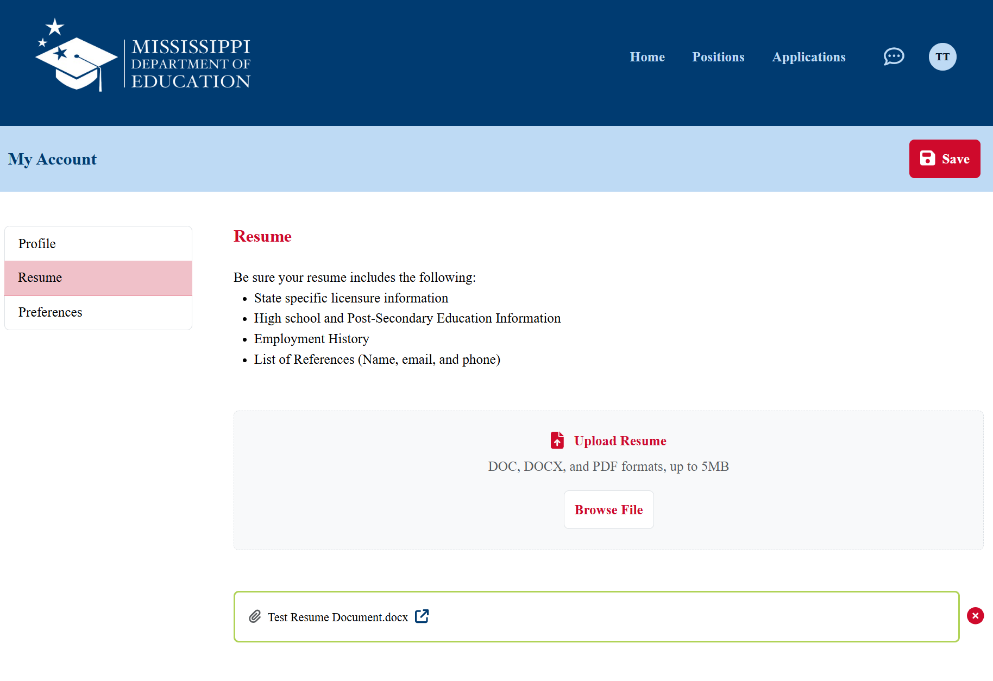 Resume screen where the user can attach a resume and other necessary documents, Picture