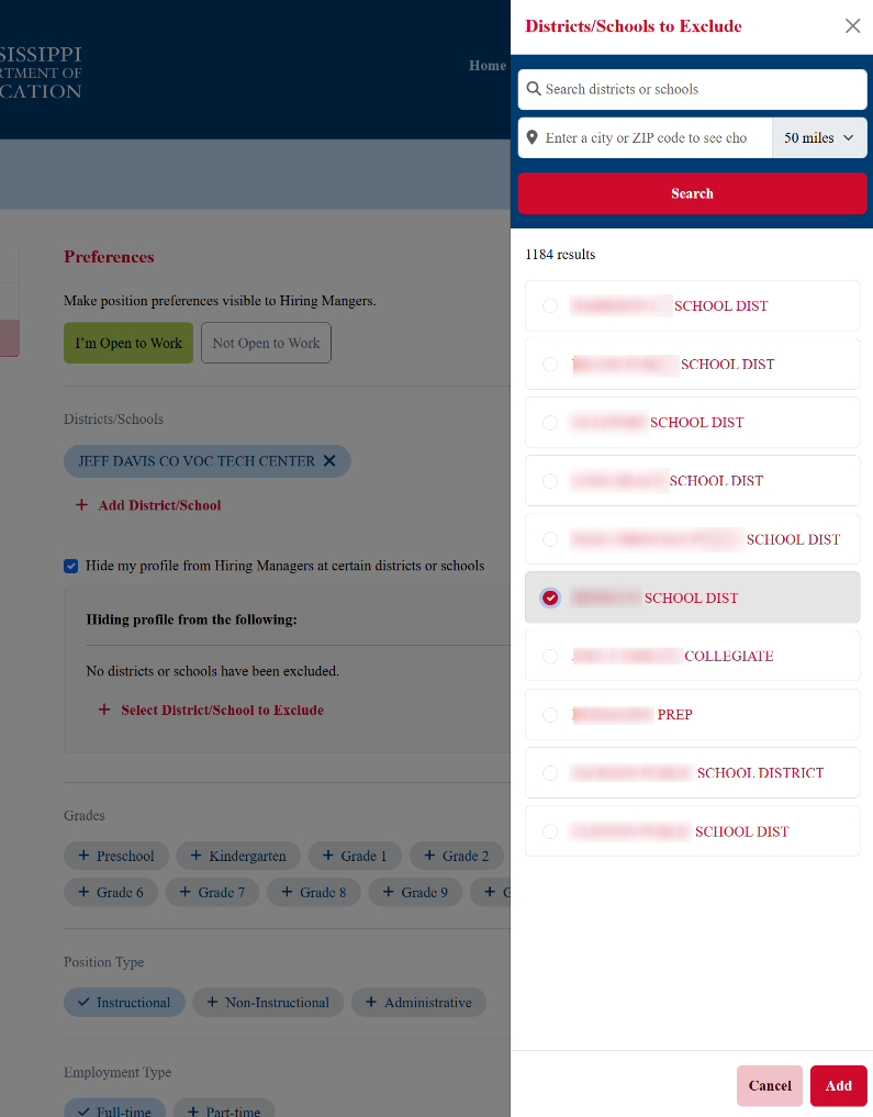 Screen showing the district/school pop-out list of districts/schools to exclude, Picture