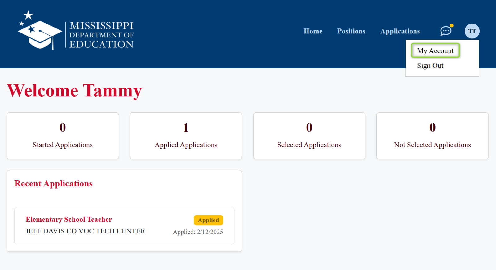 Welcome screen for the user that shows the my account section highlighted, Picture