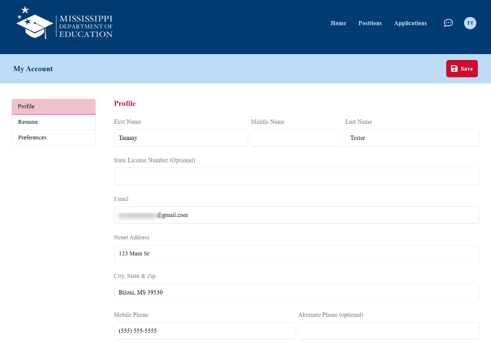 Profile settings page where the user can update their name, state license number, email, address, and phone numbers, Picture