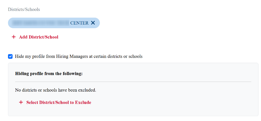 View of the setting to hide profile information from the hiring managers at specific districts/schools, Picture