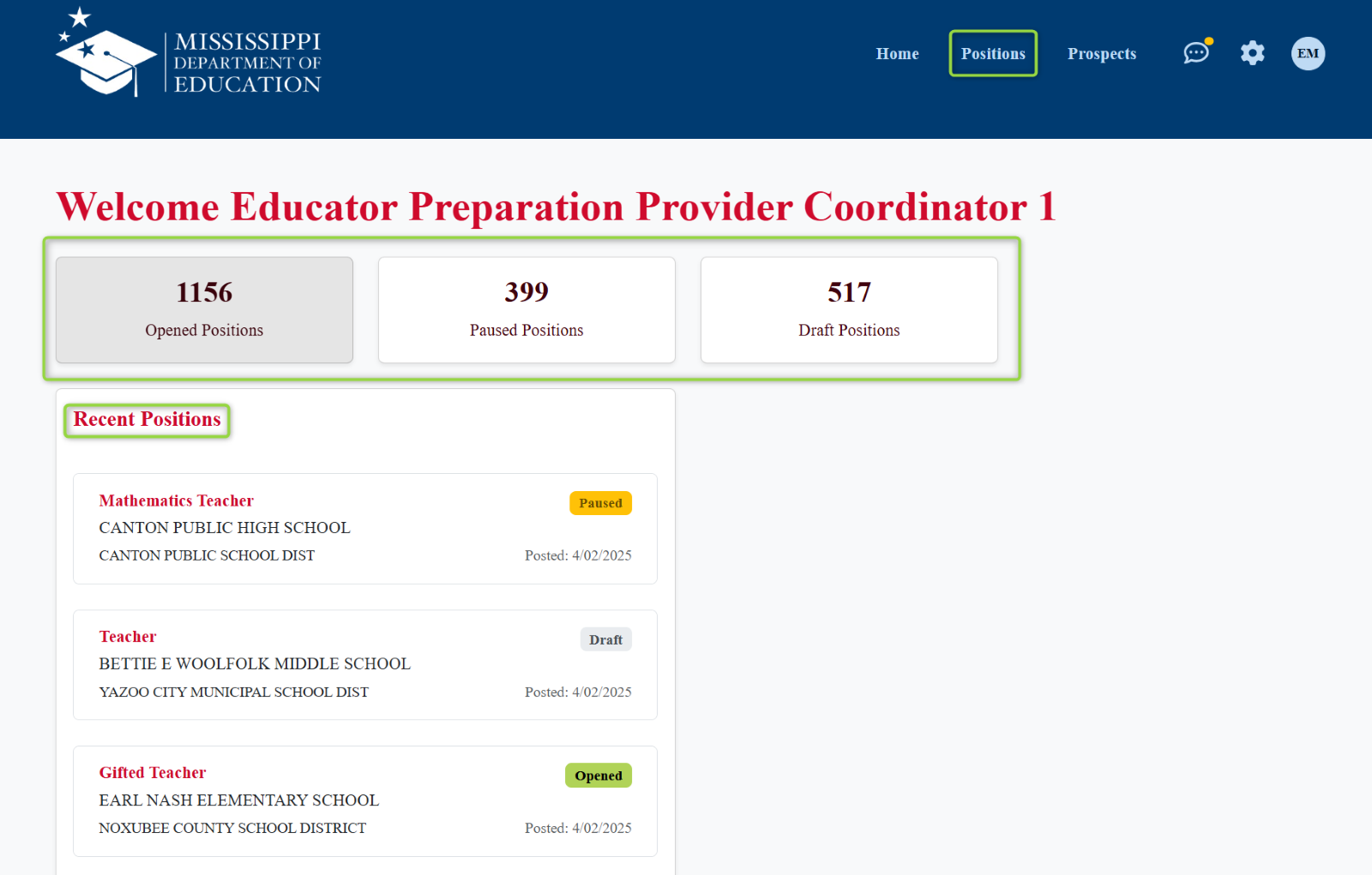 Image of the welcome screen for the Educator Preparation Provider Coordinator with the positions areas highlighted, Picture