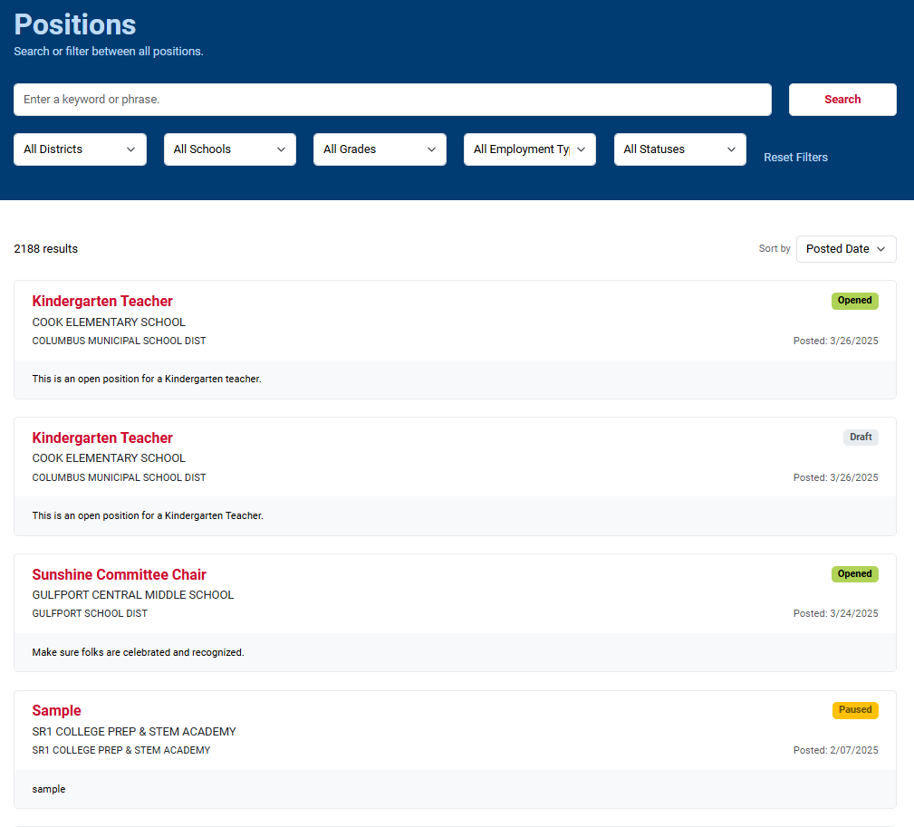 Image showing how the Positions page will appear, listing positions in various statuses. , Picture