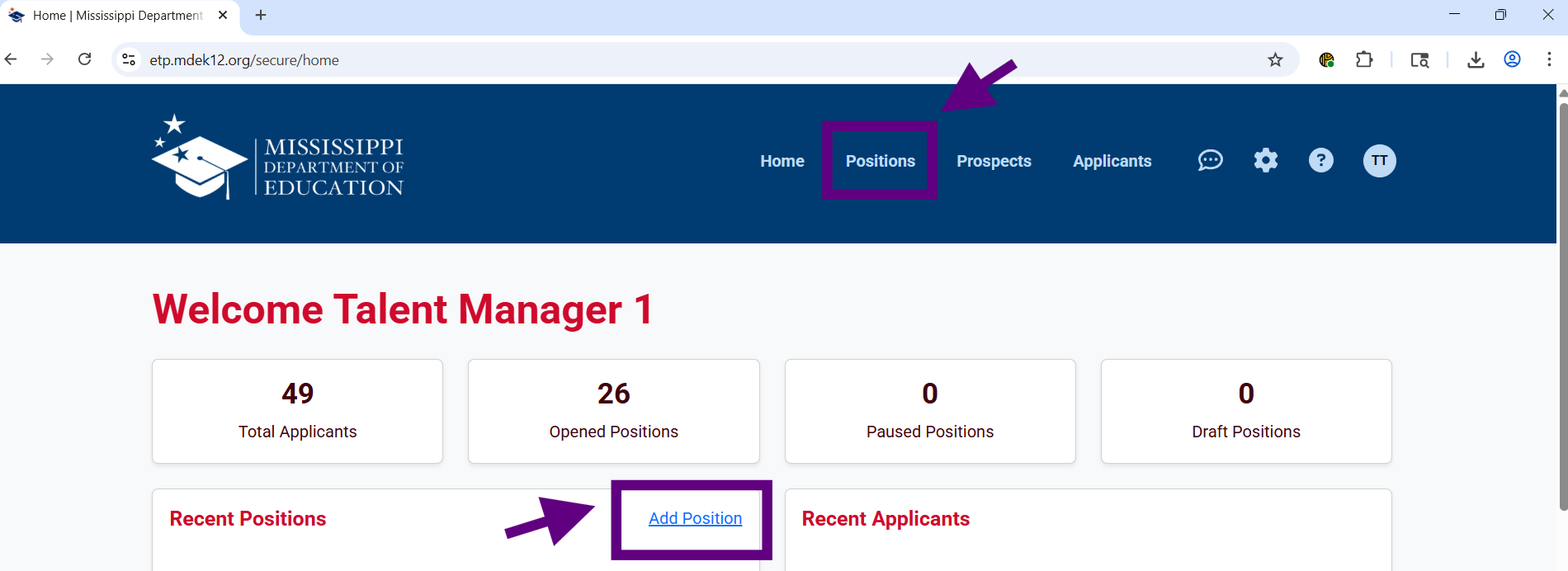 Select Add Position from the homepage